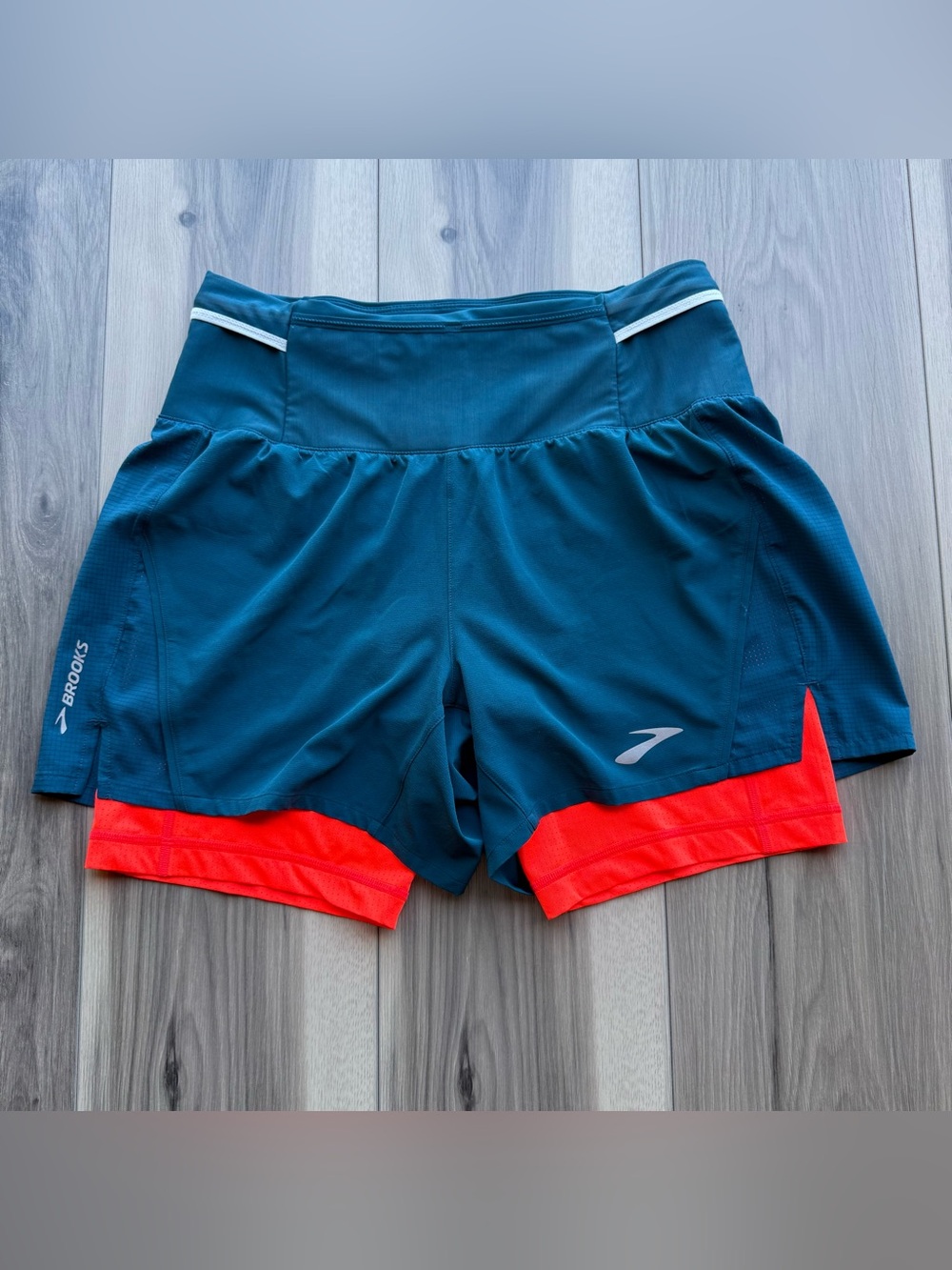Brooks Mens High Point 2-in-1 Running Shorts Blue Orange Compression size M